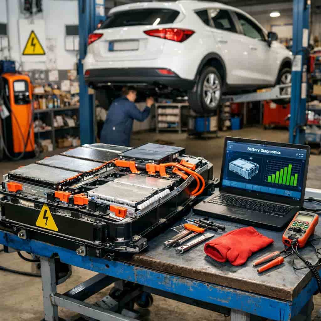 تصویر باتری یک خودروی برقی در گاراژ