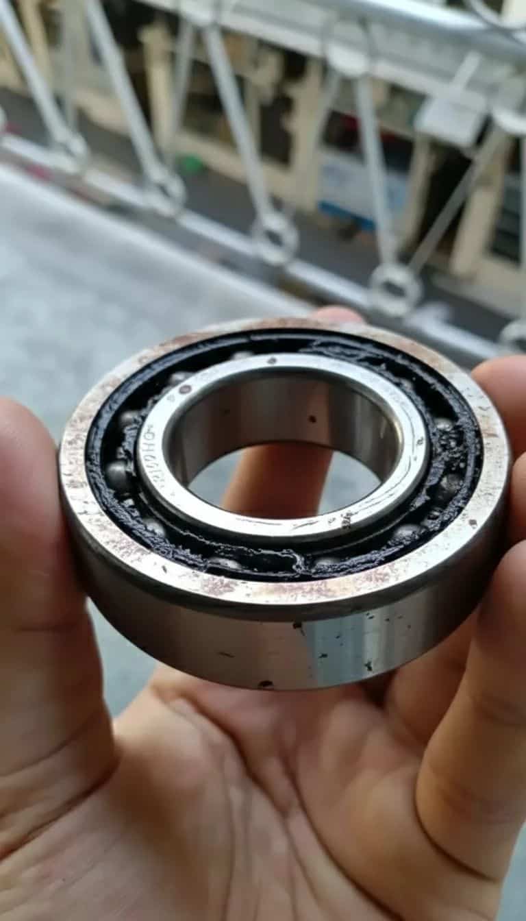 تصویر یک بلبرینگ گیرپاژ شده معیوب در دست یک فرد